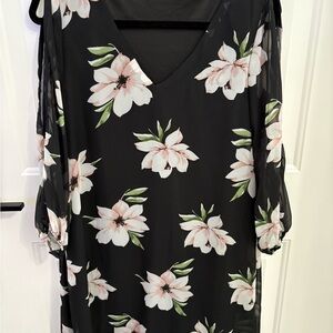 Cold shoulder Floral Black Dress with Pink and Green Accents